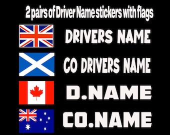 Motorsport Driver Name Decals with Flags - race rally car decal vinyl 2 x 2