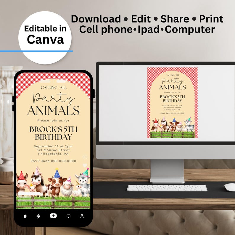 Editable Barnyard Party Animal Birthday Party Invitation Canva Template ...