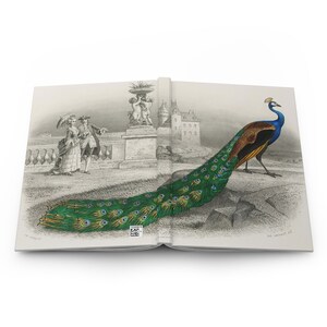 May include: Open journal featuring a detailed illustration of a peacock with a long, flowing tail. The artwork includes a couple in period clothing, a castle, and a fountain. The peacock's feathers display vibrant green, blue, and gold hues.