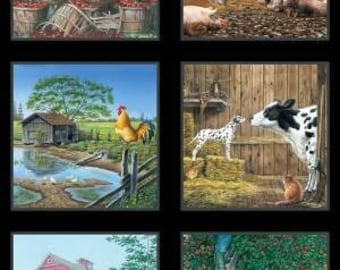 Farm Life Fabric Panel 24"x43", 8001Black Elizabeth's Studios, Ducks Chicken Rooster Cow Dalmatian Dog Horse Red Barn Goats Cow Pigs Apples