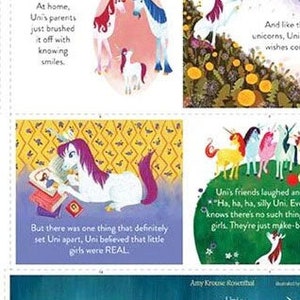 Pode incluir: Uma capa de livro infantil com um unicórnio rosa e branco em um campo verde com flores. O título do livro é "Uni o Unicórnio" e o texto na capa diz "Uma história sobre acreditar".