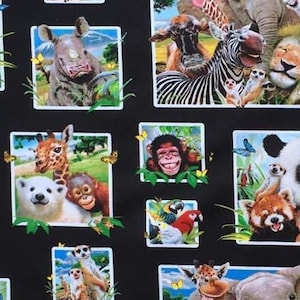 Safari Dschungel Tiere Selfie Stoff 1/2 Yard, 1315-Schwarz von Elizabeth Studios, Tiger Löwen Leopard Elefant Nilpferd Jaguar Bett Quilt Wand