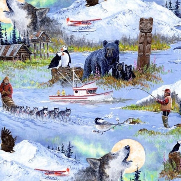 Alaskan Wildlife Fabric 1/2 Yard, Alaska's Artist Jon Van Zyle 2 Lt Blue 100 MU by P&B Textiles, Iditarod Images, Dog Sled, Northern Lights