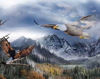 Eagle Fabric Panel 35"x44", Call of the Wild Collection by Hoffman Fabrics, Eagle Bed Quilt Wall Hanging