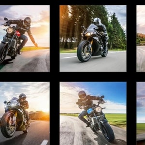 May include: A collage of 12 images featuring motorcycles on a winding road. Each image shows a different rider in a black leather jacket and helmet, riding a black motorcycle with chrome accents. The motorcycles are all travelling at speed, with the riders leaning into the turns. The background of each image is a scenic landscape with trees, mountains, and a blue sky.