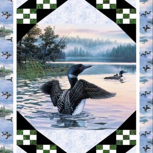 Zestaw kołder Loon Quilt Kit 46&quot;x60&quot;, wykonany z tkanin Aurora z Elizabeth Studios, Nature Landscape Mother Loon Baby Loon Lake Gift Bed Quilt