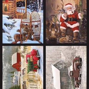 Christmas Pillow Panel 36&quot;x43&quot;, P8594 Christmas Memories by Riley Blake, Winter Snowshoes Santa Reindeer Red Truck Christmas Tree Quilt