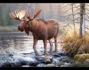 Moose Fabric Panel 24&quot;x43&quot;, Elizabeth&#39;s Studio 100% Cotton Quilting Fabric ES-9205-Black