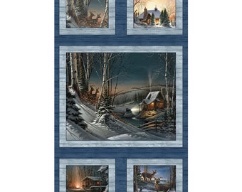 Seasons Fabric Panel 23&quot;x44&quot;, Winter Fabric, Christmas Fabric, Snowy Winter Nights, Scenic, Benartex 12329-55