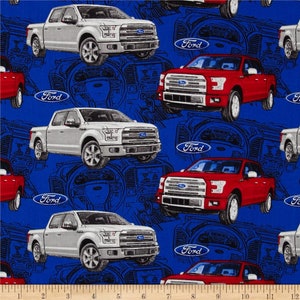May include: A blue fabric with a repeating pattern of white and red Ford F-150 pickup trucks. The trucks have the Ford logo on the front grille. The background is a blue and white pattern of car parts.