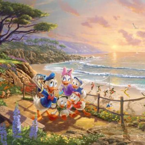 Donald Duck & Family Beach Fabric Panel 36"x44", Thomas Kinkade, Sand Ocean Water Palm Trees, Donald Daisy Quilt