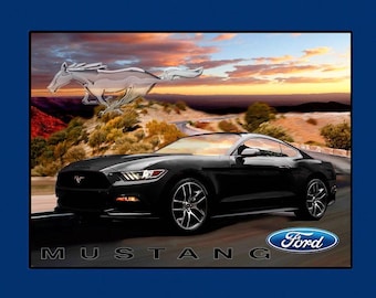 May include: A black Ford Mustang car driving on a road with a sunset in the background. The Ford logo is visible on the car. The Mustang logo is a silver horse running across a mountain range.