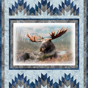 Quilt Kit 60”x73&quot;, Moose Call of the Wild fabrics by Hoffman, Moose Forest Hunter Wildlife Gift Bed Quilt Forest Mountains