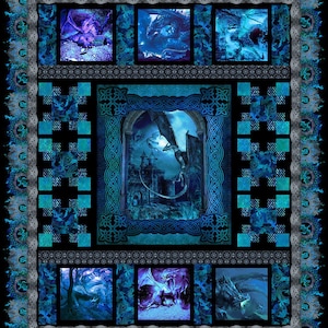 Dragons Blue Quilt Kit 76"x92", using In the Beginning Fabrics, Dragon Gift Bed Quilt Lap Twin Double Queen