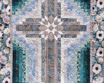 RARE Quilt Kit Farmhouse Blooms Cross 46"x60", Hoffman Fabrics, Gift Quilt Hanging Lap Flowers Woodgrain, Backing Floral Fabric Available