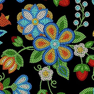 May include: A colorful beaded fabric with a floral pattern. The fabric features blue, yellow, orange, red, green, and white beads arranged in a floral design. The fabric is perfect for crafting projects, such as making jewelry, clothing, or home decor.