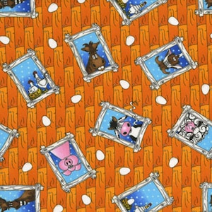 Farm bei Whistlepig Creek Flannel, verkauft von der halben Yard, RJR Fabrics, Orange Farm Pferd Schwein Kuh Huhn, Empfang Decke, Crib Quilt