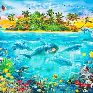 Ocean Fabric Panel 43 &quot;x 35 &quot;, AYK-17039-59 von Robert Kaufman Delfin Oktopus Clownfisch Fisch Schildkröte Palmen Riff Koralle