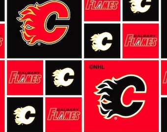 May include: A repeating pattern featuring the Calgary Flames logo in red, black, and white. The design includes the team's stylized 'C' logo with a flame, the words 'Calgary Flames,' and the NHL logo.