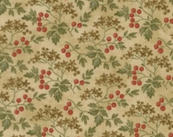 May include: A beige fabric with a repeating pattern of green leaves and red berries. The fabric has a subtle texture and a vintage aesthetic.
