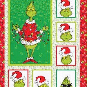 May include: A green Grinch character wearing a red Santa hat and a red sweater with Christmas lights. The Grinch is surrounded by a green background with the word "HO" repeated multiple times. There are also smaller images of the Grinch in different poses.