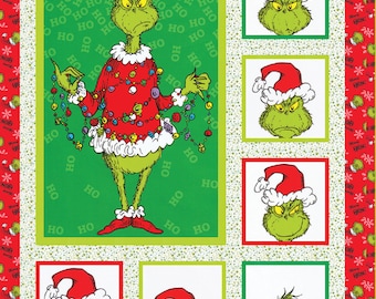 May include: A green Grinch character wearing a red Santa hat and a red sweater with Christmas lights. The Grinch is surrounded by a green background with the word "HO" repeated multiple times. There are also smaller images of the Grinch in different poses.