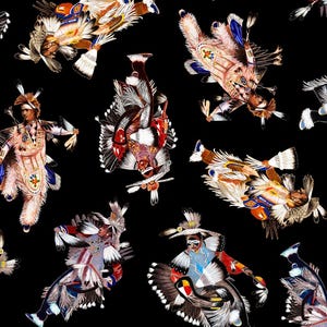 May include: A seamless pattern featuring multiple images of Native American dancers in colourful traditional regalia against a black background. The dancers are depicted in various poses, showcasing the intricate details of their costumes, including feathers, beads, and fringe.