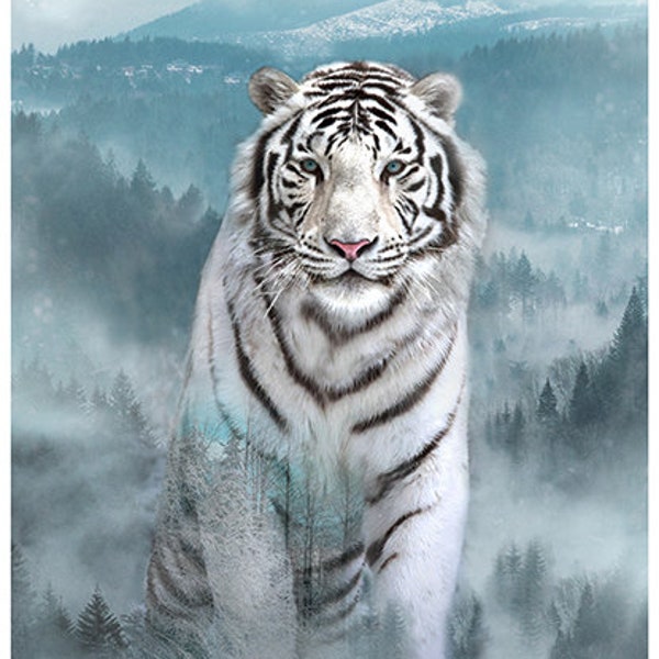 RARE White Tiger Fabric Panel 28"x43",4564-190 by Hoffman, Tiger Gift Bed Quilt Blanket Wall Hanging Queen King