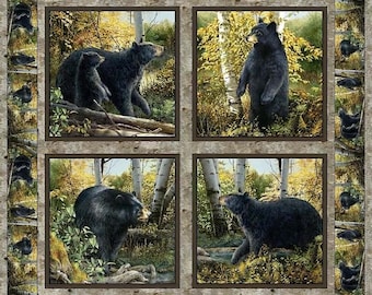 Pannello per cuscino orso nero 36"x44", CP59985 Pannello da parete nero di base, trapunta orso nero da appendere alla parete con foresta, rocce, alberi, acqua, lago e fiume