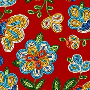 May include: A red background with a repeating pattern of colorful beaded flowers. The flowers are made with blue, yellow, white, and red beads. The flowers are arranged in a symmetrical pattern.