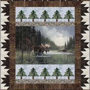 Quilt Kit 60"x72", Moose Lake, Northcott fabrics, Quilt Forest Trees Moose Lake Stream River Wildlife Moose bed quilt, Backing Available