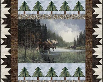 Quilt Kit 60"x72", Moose Lake, Northcott fabrics, Quilt Forest Trees Moose Lake Stream River Wildlife Moose bed quilt, Backing Available