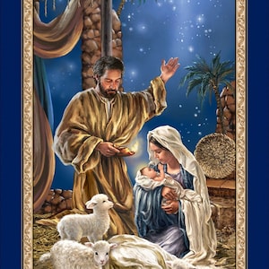 Nativity Holy Night Fabric Panel 24&quot;x44&quot;, CD2015-BLUE for Timeless Treasures Fabrics, Christmas Gift Bed Quilt Wall Hanging