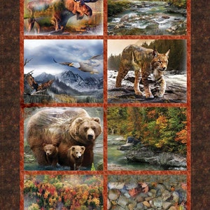 Quilt Kit 41”x67&quot;, Call of the Wild fabrics by Hoffman, Moose Bobcat Grizzly Bears Forest Fall Gift Bed Quilt Stream Trees