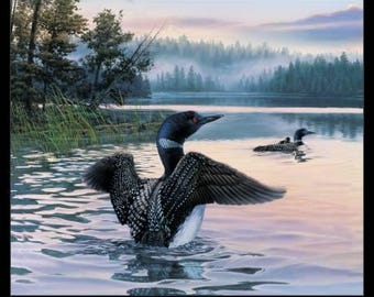 RARE Loon Fabric Panel 43"x36", 8916E Black by Elizabeth's Studios, Loon Swimming Log Cabin Lake River Outdoors Wildlife