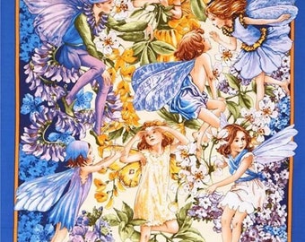 Dawn Till Dusk Flower Fairies Fabric Panel 23" x 43", Michael Miller, Fairy Quilt Wall Hanging Girl Gift