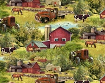 May include: A colourful illustration of a rural farm scene with red barns, silos, farm animals, and vintage trucks. The scene is set against a backdrop of green fields and trees.