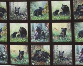 RARE Black Bear Fabric Panel 43&quot;x24&quot;, 9606BLACK Elizabeth&#39;s Studio fabric, Black Bear Quilt