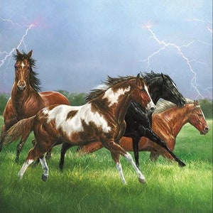 Back in the Saddle Fabric Panel 36&quot;x44&quot;, Horses Cowboy Western, Lightening Strike, Riley Black P8341