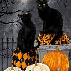 希少な黒猫のファブリックパネル 23"x43"、Northcott ファブリックのハロウィン、ハロウィーンのベッドギフト キルト パンプキン 不気味、廃盤ファブリック!