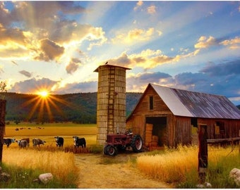 May include: A red tractor is parked in front of a wooden barn and silo. The barn has a wooden door and a metal roof. The silo is made of wood and has a ladder on the side. The scene is set against a backdrop of a golden sunset and a field of tall grass.