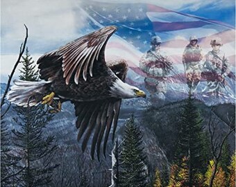 Free Like an Eagle Fabric Panel 35"x44", BW-0033-7C licensed by David Textiles, Eagle Flying with American Flag background
