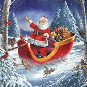 Christmas Parade Fabric Panel 36&quot; x 44&quot;, Santa and Sleigh fabric panel, Forest Panel, Christmas Quilt Wall Hanging Gift