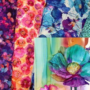 May include: A collection of colorful floral fabric swatches. The fabrics feature various designs, including purple leaves, pink and orange flowers, blue watercolor flowers with dragonflies, and green leaf patterns. The bottom swatch showcases a large teal and purple flower with a dragonfly.