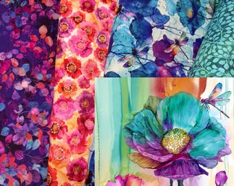 May include: A collection of colorful floral fabric swatches. The fabrics feature various designs, including purple leaves, pink and orange flowers, blue watercolor flowers with dragonflies, and green leaf patterns. The bottom swatch showcases a large teal and purple flower with a dragonfly.