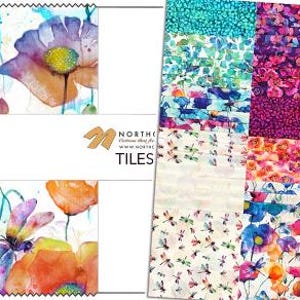May include: Fabric swatches with watercolour floral patterns. The designs include poppies, dragonflies, and abstract blooms in blue, purple, orange, and green hues. The text "NORTH" and "TILES" is visible on the card.
