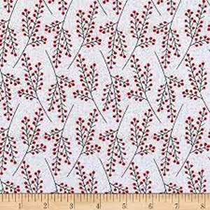 May include: White fabric with a repeating pattern of small red berries and green stems. The pattern is evenly spaced and creates a delicate, whimsical design.