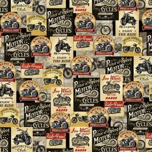 May include: A colourful fabric print featuring vintage-style motorcycle illustrations and text. The print features a variety of motorcycles, including choppers, cruisers, and sports bikes. The text includes phrases like "Prince of Speed", "Iron Wheels", "Ride Free", and "American Racing Club".