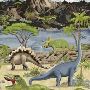 Dinosaur Fabric Panel 23&quot; x44&quot;, Dinosaur Gathering, Dinosaur Cotton Fabric by Timeless Treasures, Dinosaur Gift Bed Quilt Wall Hanging