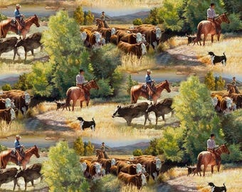 May include: A repeating pattern of cowboys on horseback herding cattle in a grassy field. The cowboys are wearing blue jeans and brown cowboy hats. The cattle are brown and white. The background is a green field with trees and a blue sky.